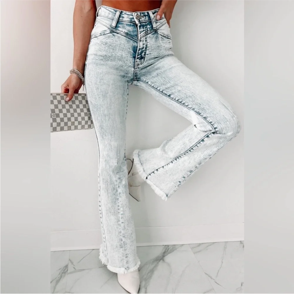 Kancan light wash acid wash high rise flare boho bohemian raw hem denim jeans - Picture 10 of 13